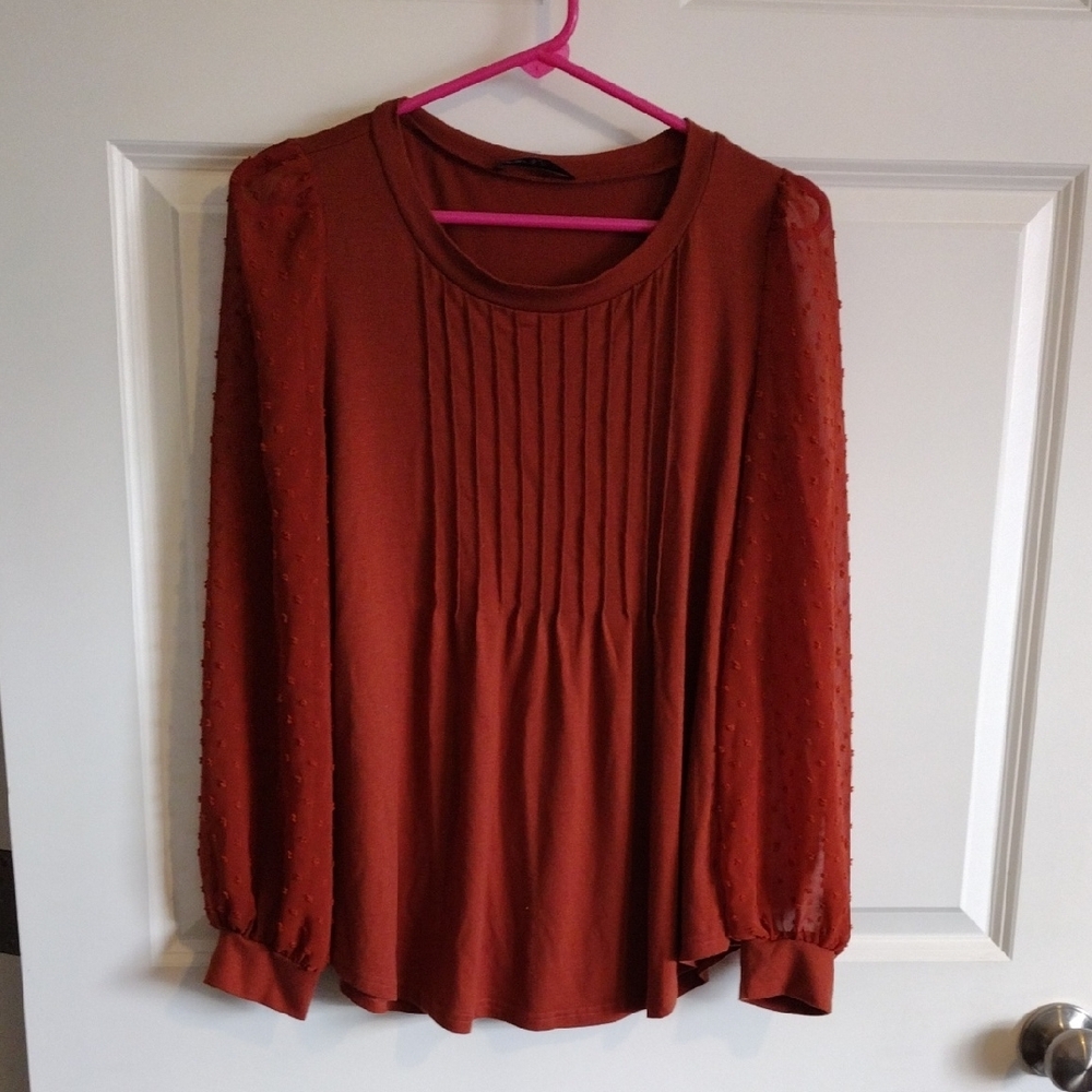 Chic Rust Colored Blouse with Lightweight Fabric and Flowy Design